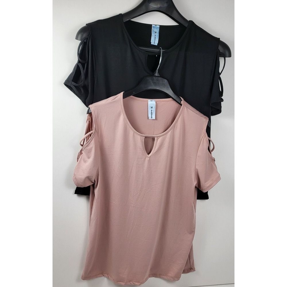 2 M. Fasis Women's Lattice sleeve, Keyhole Neck Size XLarge Tops Pink & Black